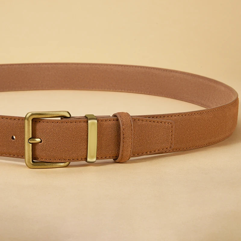 Luxury Suede Leather Vintage Belt with Gold Buckle