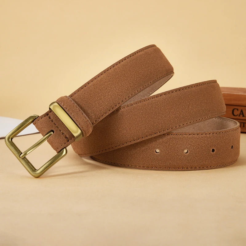 Luxury Suede Leather Vintage Belt with Gold Buckle