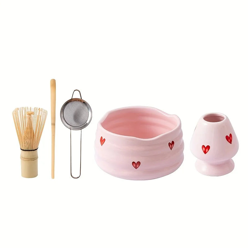 Pink Heart Ceramic Matcha Set