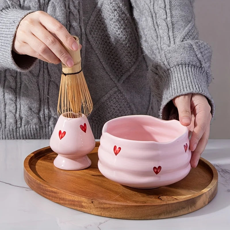 Pink Heart Ceramic Matcha Set